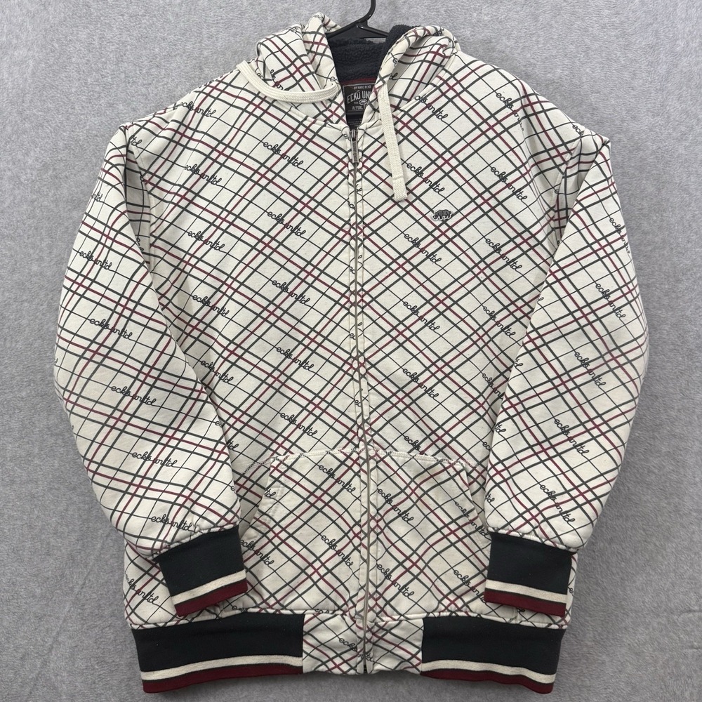 Vintage Ecko‎ Unltd Hoodie Mens 2XL Cream Full Zip Plaid Striped Sherpa 90s Y2K